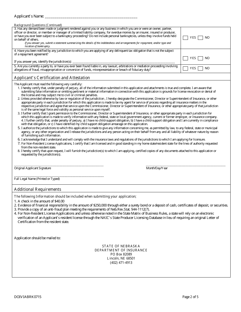 Form DOIVIABRK0715 Viatical Settlement Broker Individual License Application (Not Life Licensed) - Nebraska, Page 4