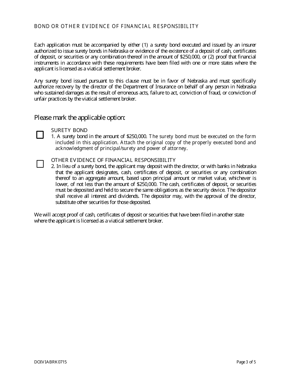 Form DOIVIABRK0715 Viatical Settlement Broker Individual License Application (Not Life Licensed) - Nebraska, Page 5