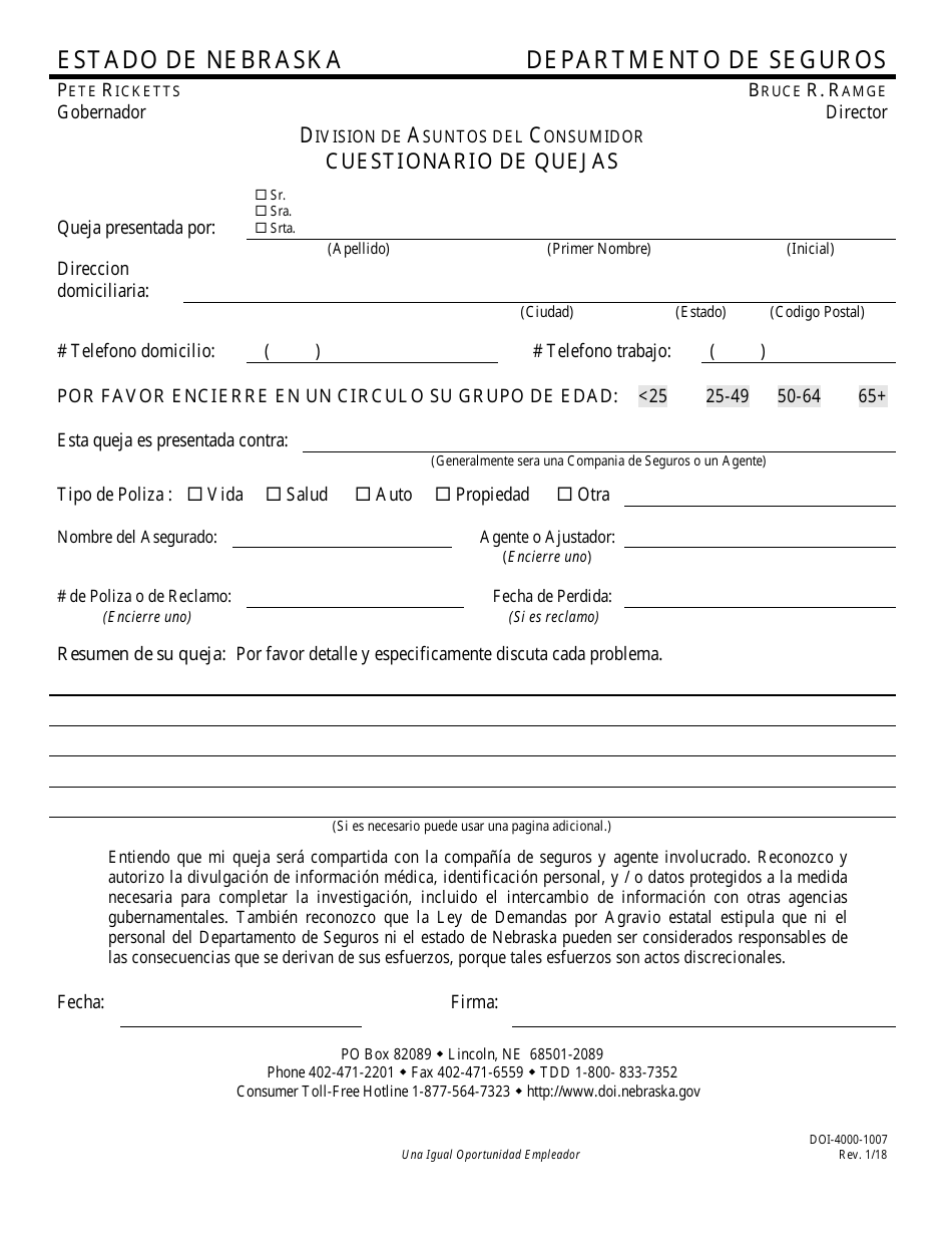 Formulario DOI-4000-1007 Cuestionario De Quejas - Nebraska (Spanish), Page 1