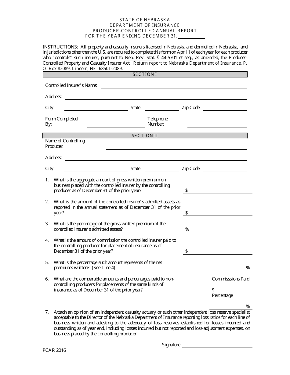 Producer-Controlled Annual Report Form - Nebraska, Page 1