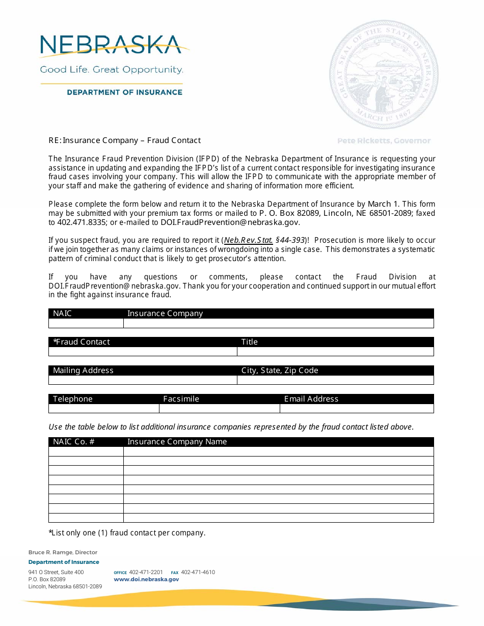 Insurance Company Fraud Contact Form - Nebraska, Page 1