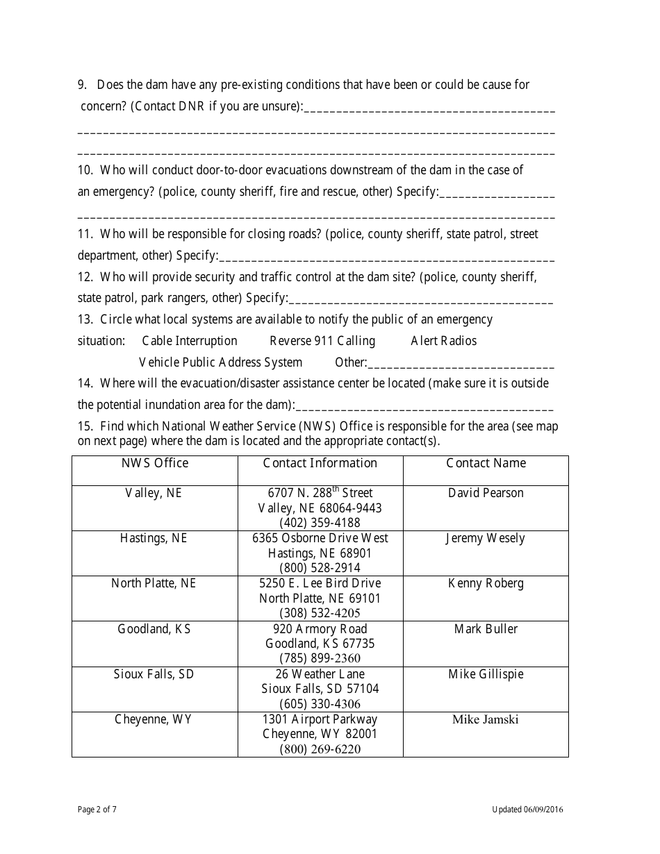 Eap Worksheet - Basic Information Required for Development of Emergency Action Plan - Nebraska, Page 2