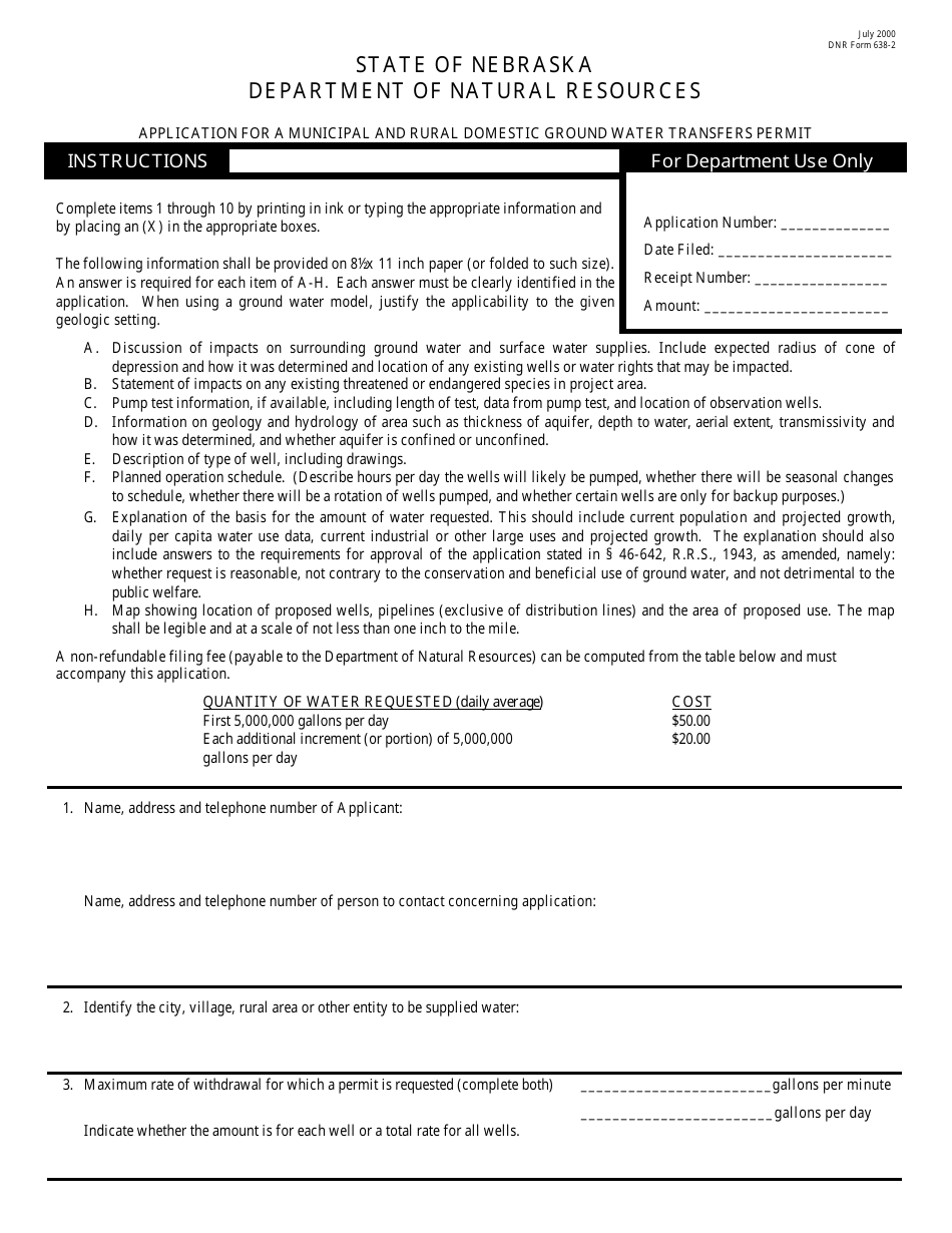 DNR Form 638-2 Application for a Municipal and Rural Domestic Ground Water Transfers Permit - Nebraska, Page 1