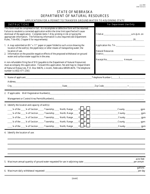 DNR Form 613 Application for a Permit to Transfer Ground Water to Adjoining State - Nebraska