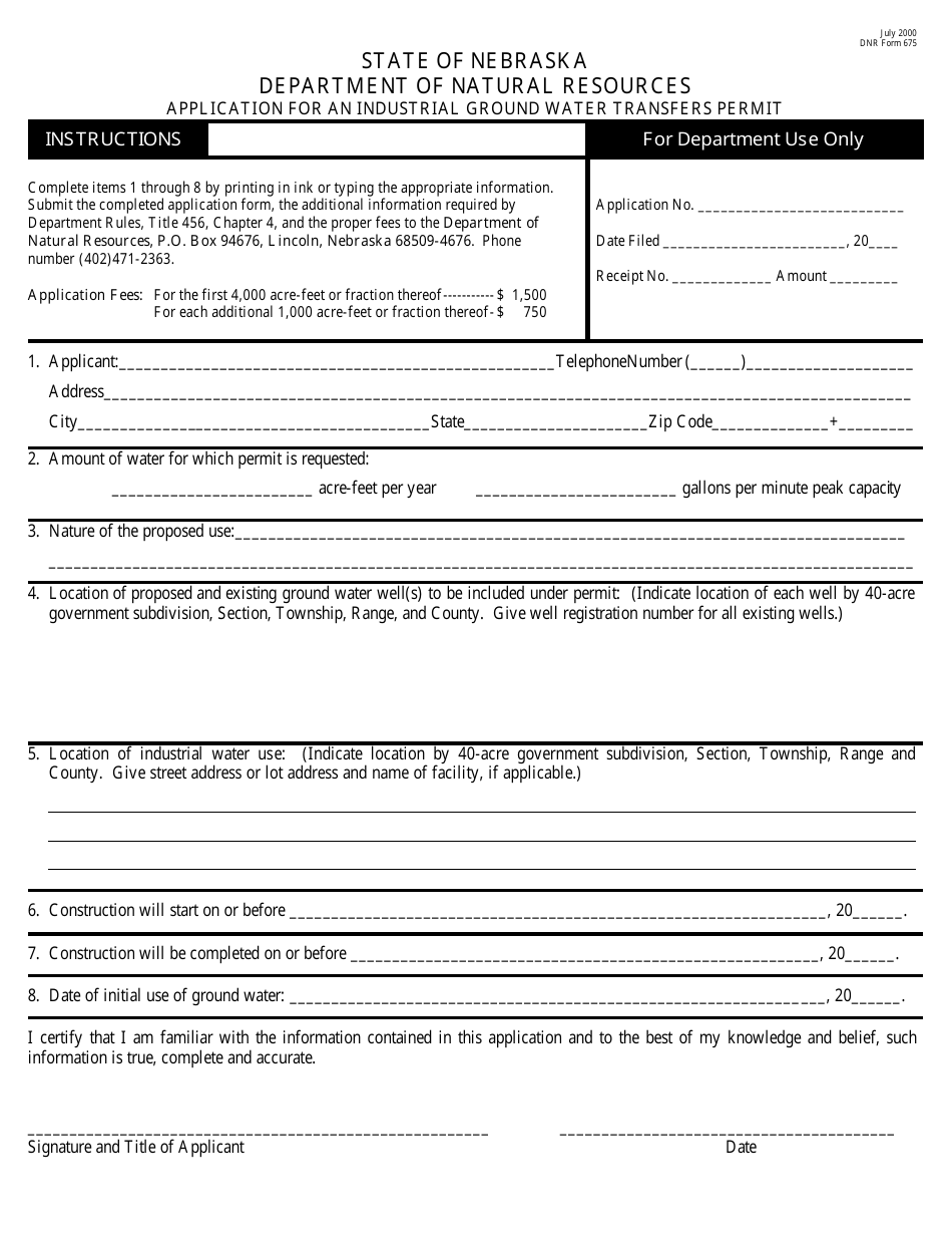 DNR Form 675 Application for an Industrial Ground Water Transfers Permit - Nebraska, Page 1