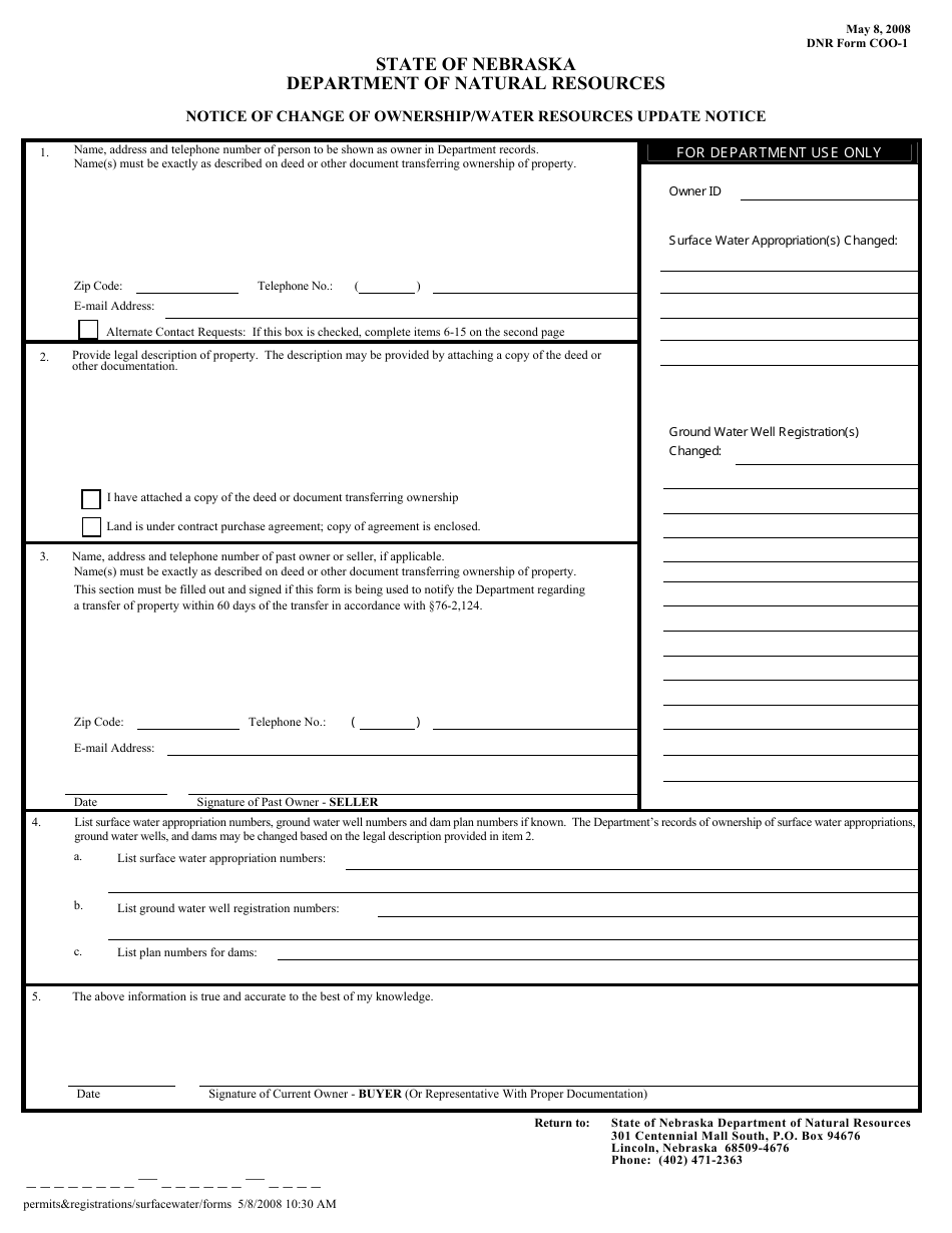 DNR Form COO-1 Notice of Change of Ownership / Water Resources Update Notice - Nebraska, Page 1