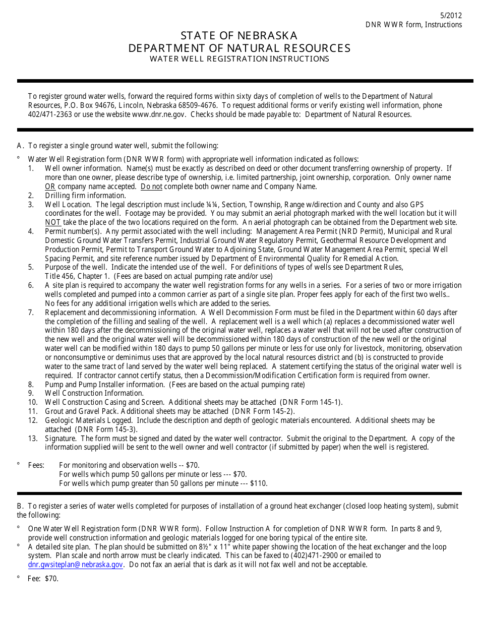 Instructions for DNR Form WWR Water Well Registration - Nebraska, Page 1