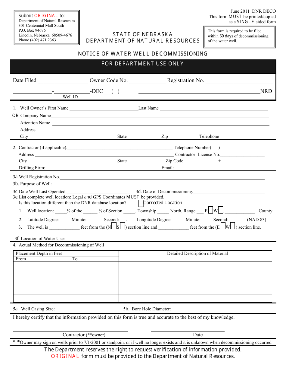 DNR Form DECO Notice of Water Well Decommissioning - Nebraska, Page 1