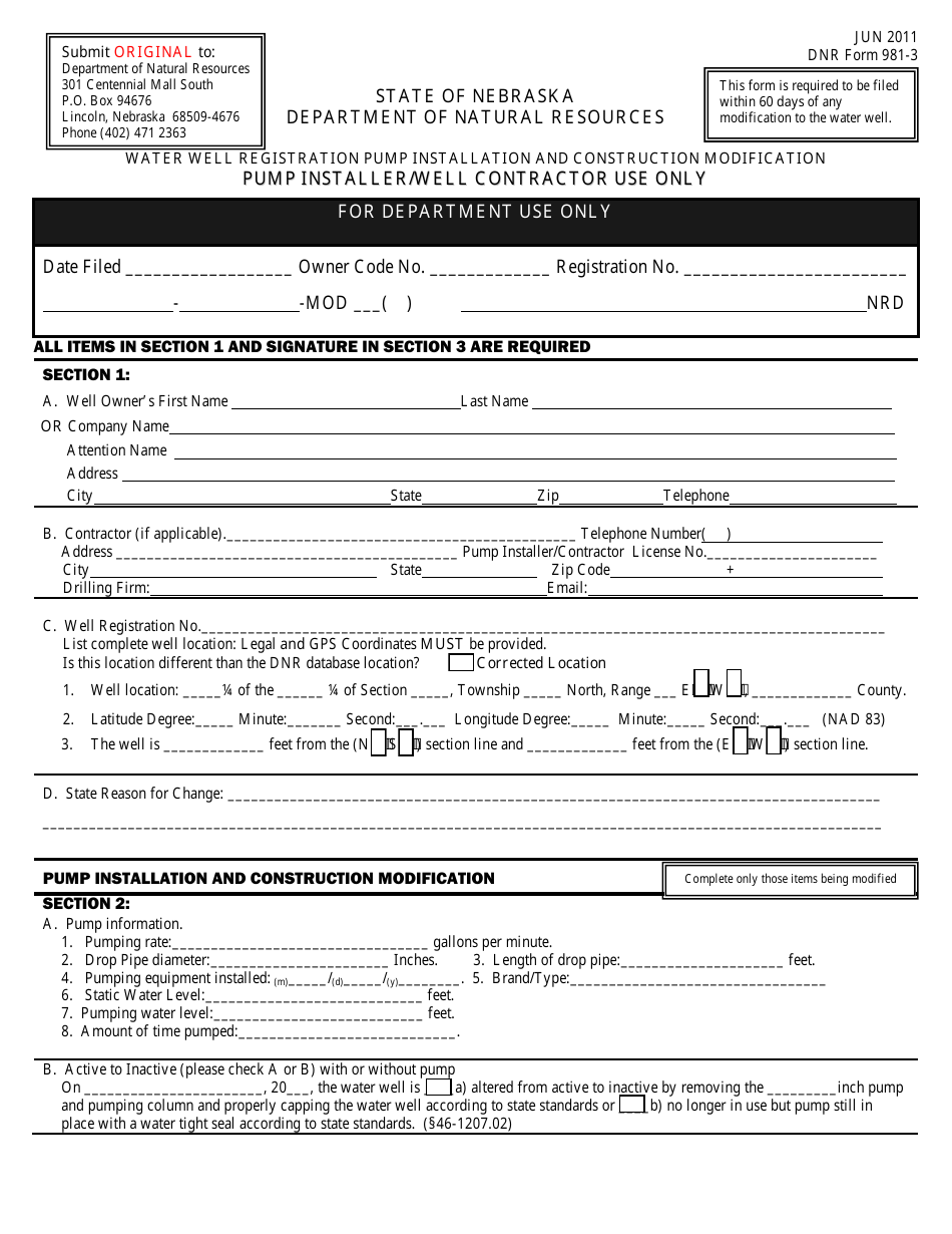 DNR Form 981-3 Water Well Registration Pump Installation and Construction Modification - Nebraska, Page 1