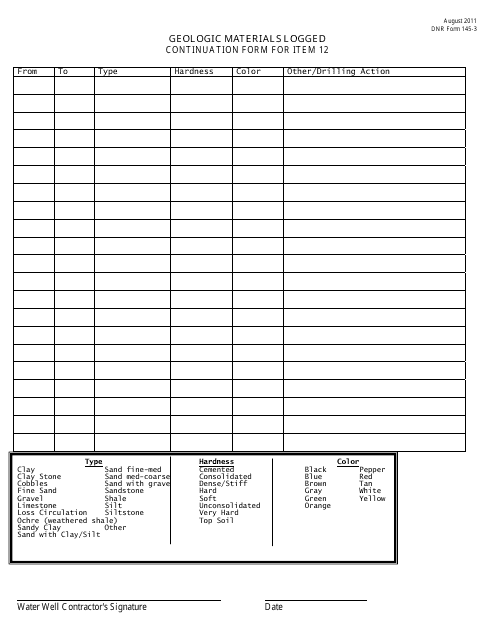 DNR Form 145-3 Geologic Materials Logged - Continuation Form for Item 12 - Nebraska