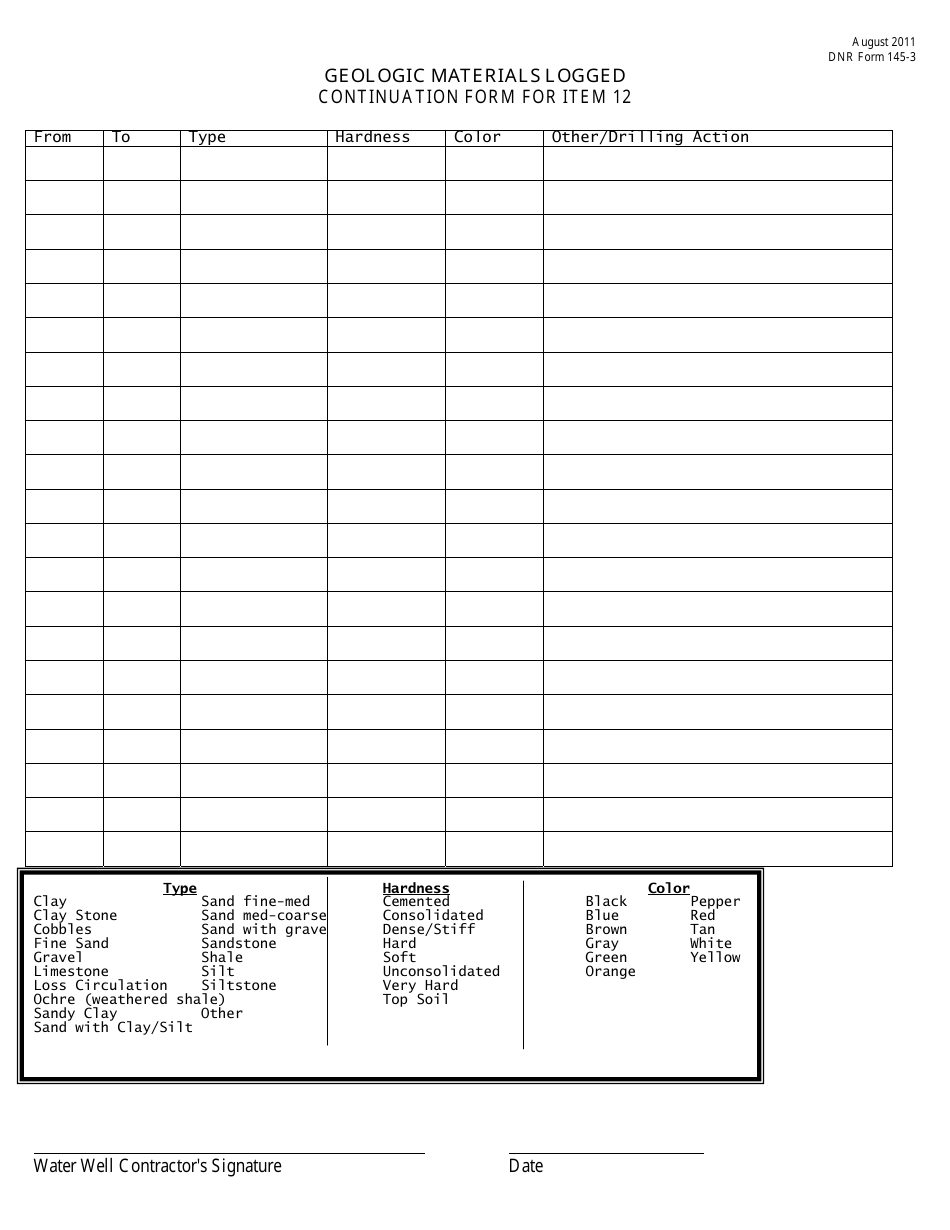 DNR Form 145-3 Geologic Materials Logged - Continuation Form for Item 12 - Nebraska, Page 1