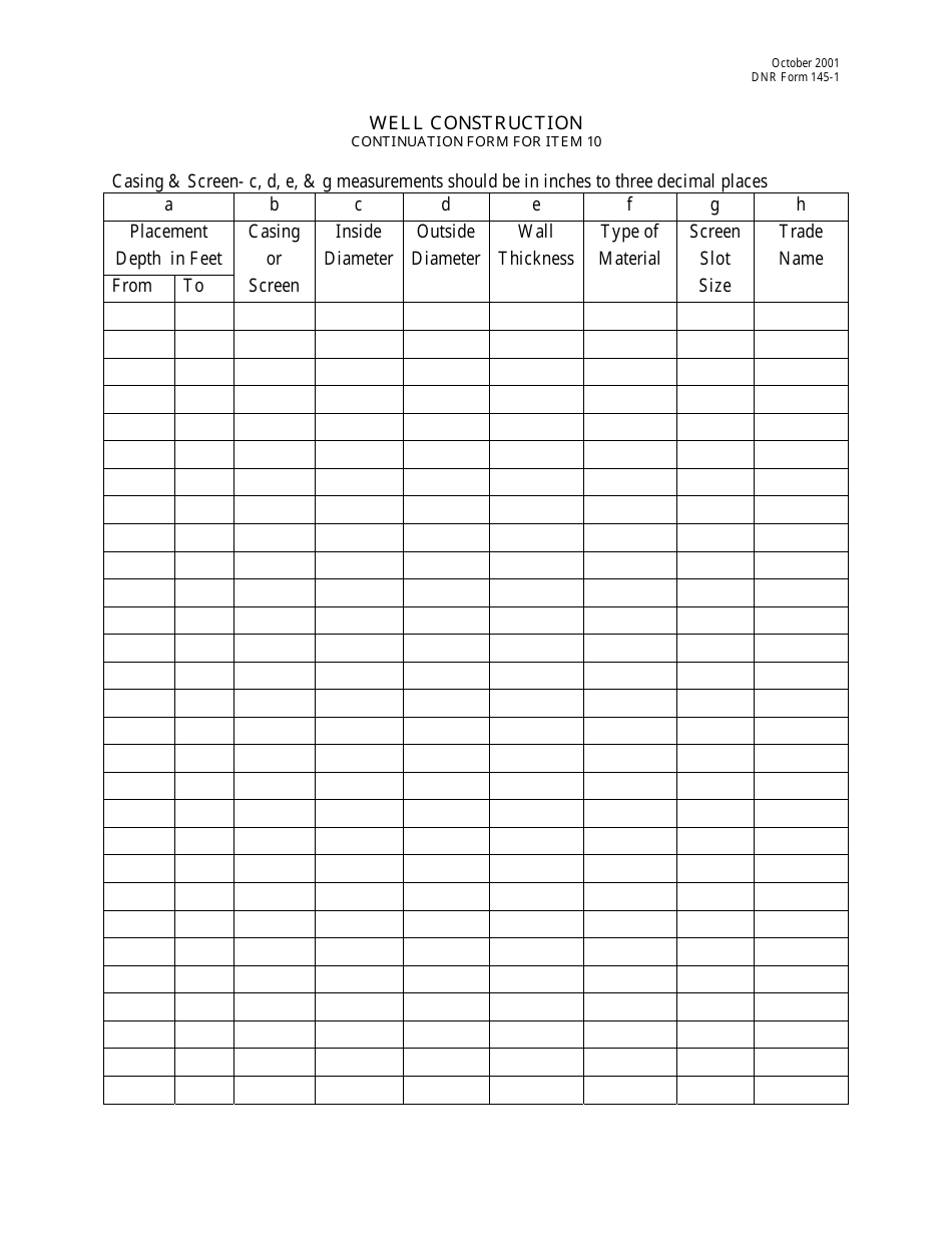 DNR Form 145-1 Well Construction - Continuation Form for Item 10 - Nebraska, Page 1
