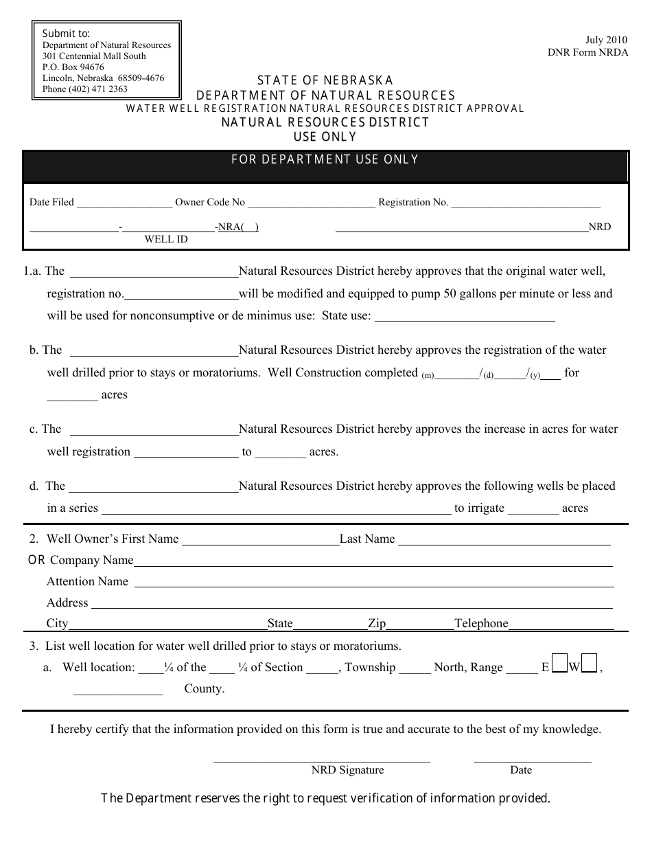 DNR Form NRDA water Well Registration Natural Resources District Approval - Nebraska, Page 1