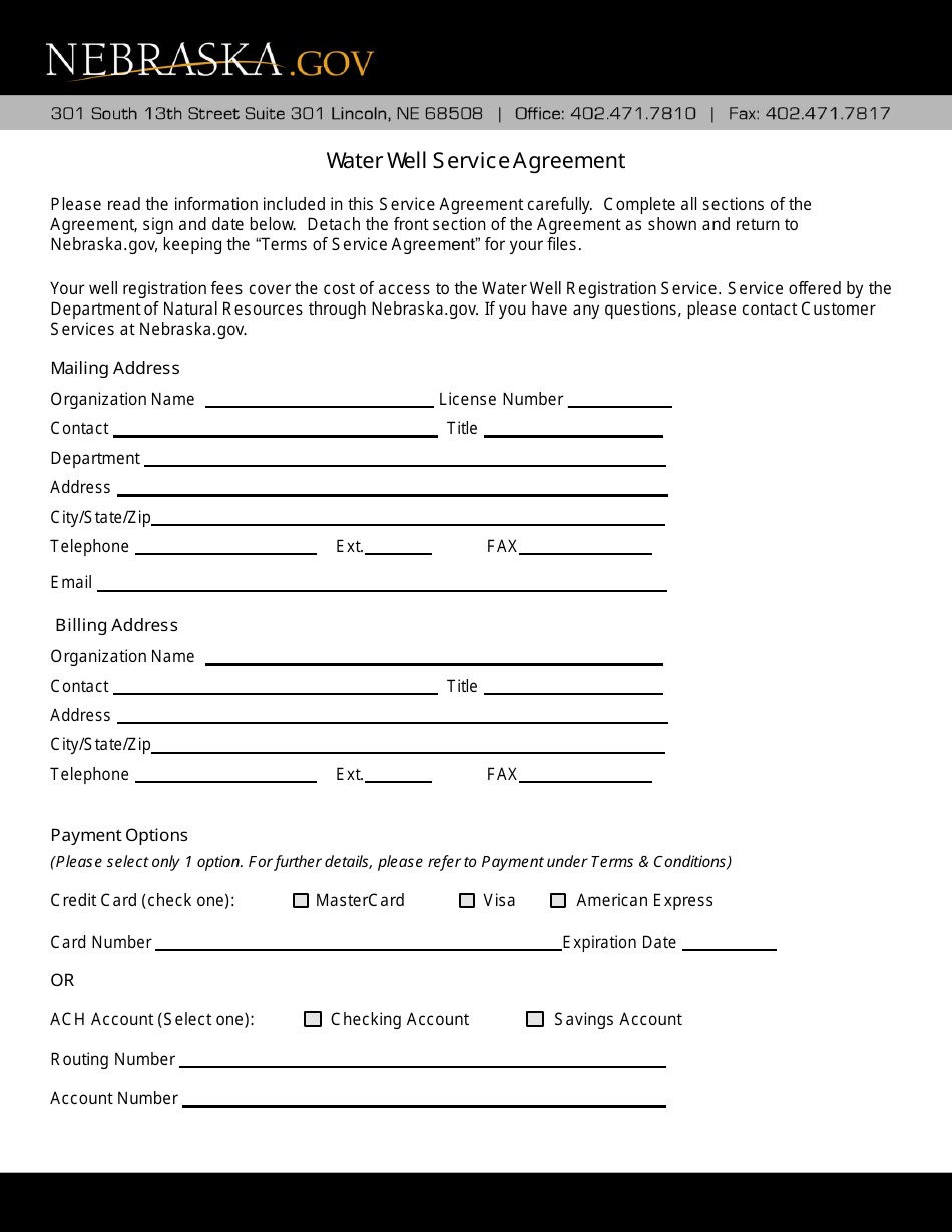 Water Well Service Agreement Form - Nebraska, Page 1