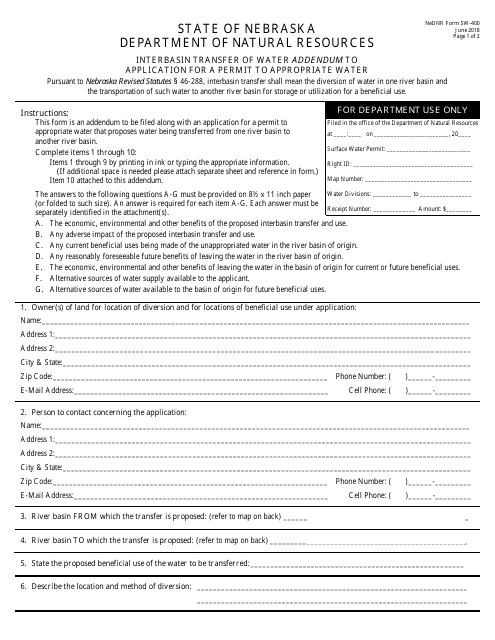 DNR Form SW-400 Interbasin Transfer of Water Addendum to Application for a Permit to Appropriate Water - Nebraska
