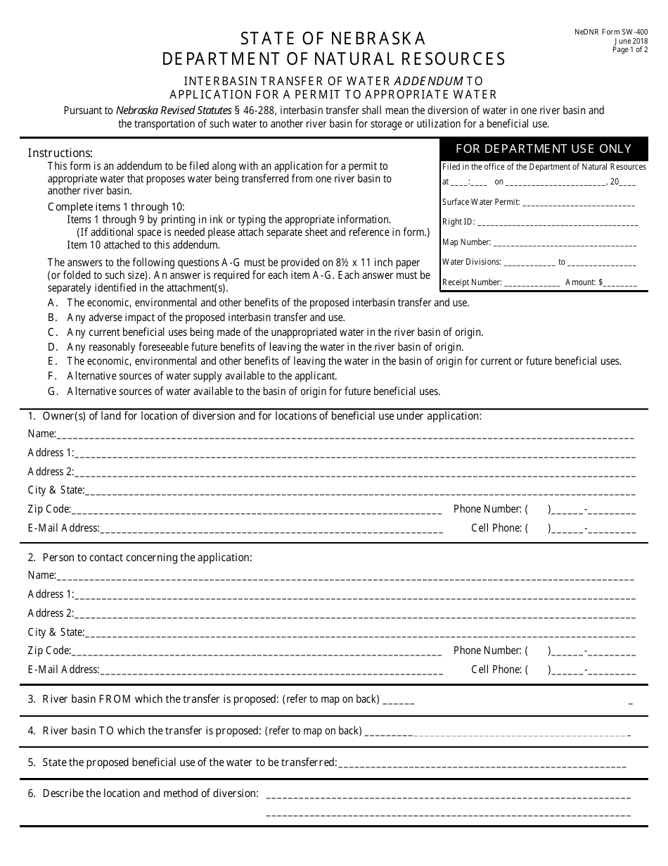 DNR Form SW-400 Interbasin Transfer of Water Addendum to Application for a Permit to Appropriate Water - Nebraska, Page 1