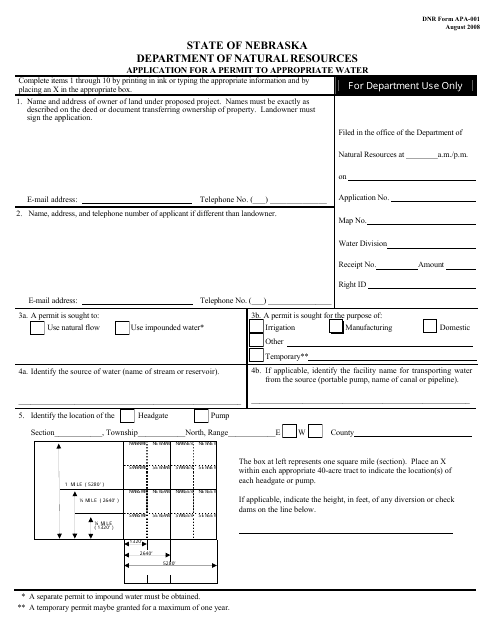 DNR Form APA-001 Application for a Permit to Appropriate Water - Nebraska