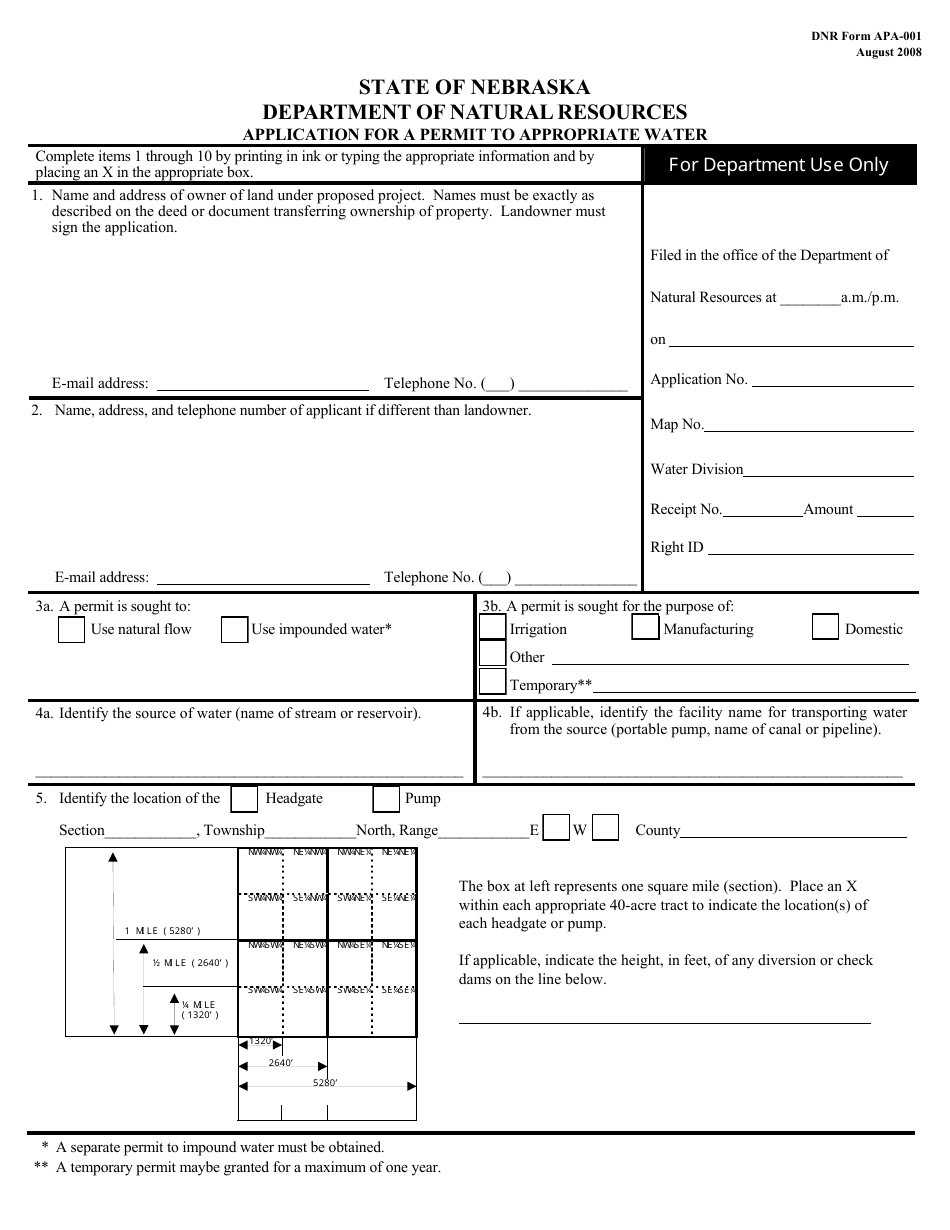 DNR Form APA-001 Application for a Permit to Appropriate Water - Nebraska, Page 1