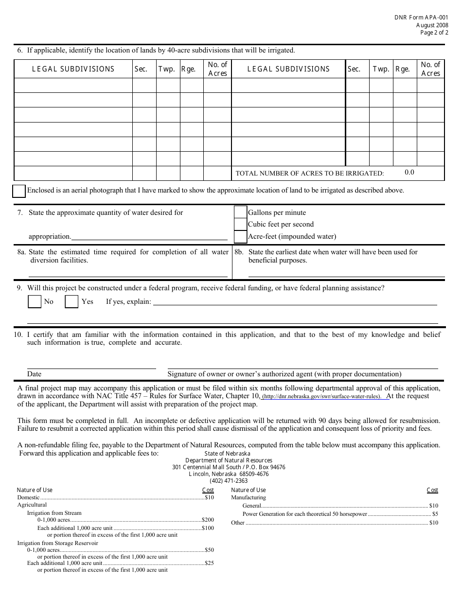 DNR Form APA-001 Application for a Permit to Appropriate Water - Nebraska, Page 2