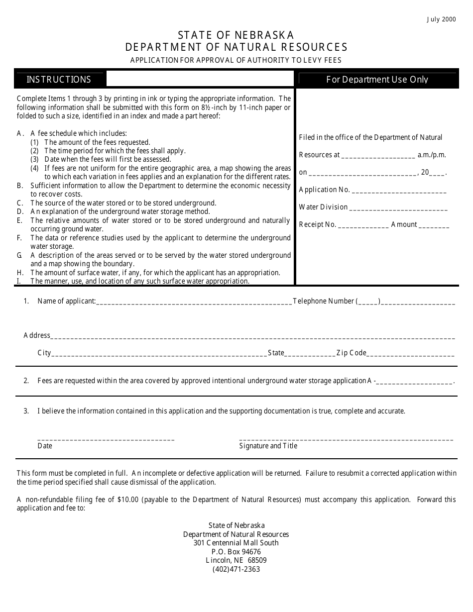 Nebraska Application for Approval of Authority to Levy Fees - Fill Out ...