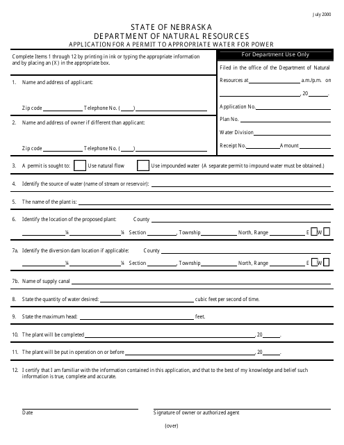 Application for a Permit to Appropriate Water for Power - Nebraska Download Pdf
