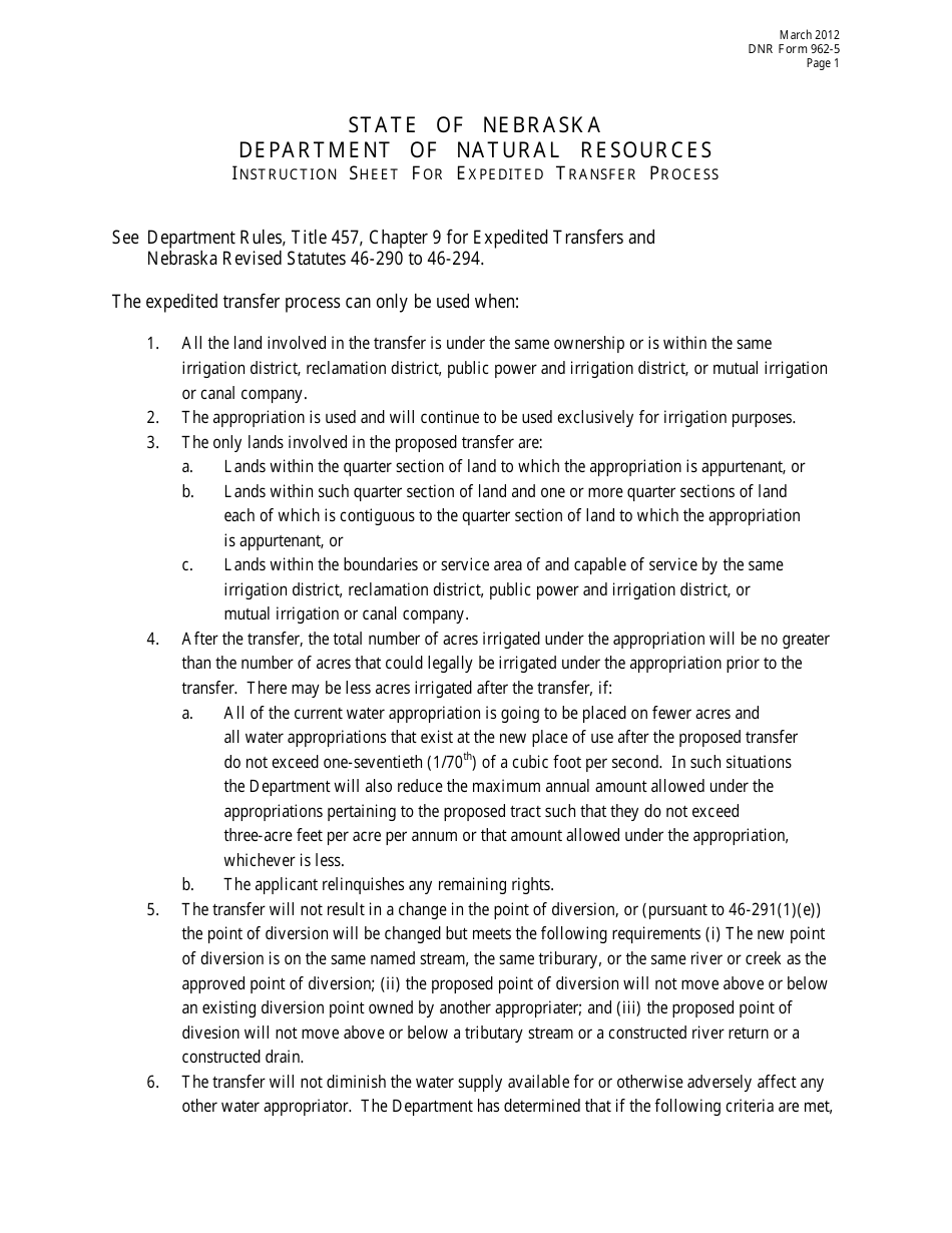 Instructions for DNR Form 962-5, 962-3 Expedited Transfer Process - Nebraska, Page 1
