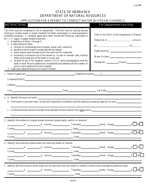 Application for a Permit to Conduct Water in Stream Channels Form - Nebraska