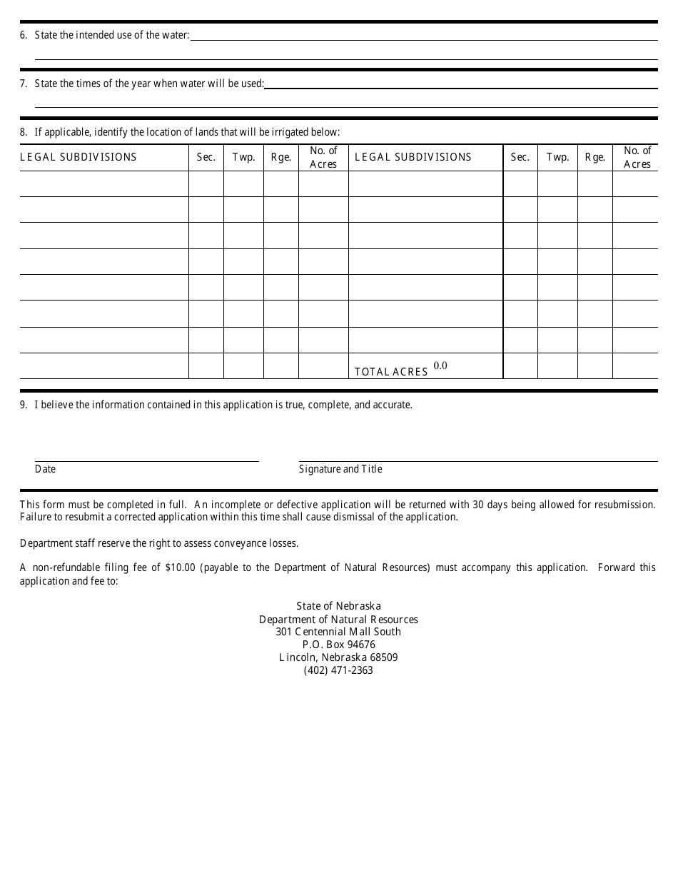 Application for a Permit to Conduct Water in Stream Channels Form - Nebraska, Page 2