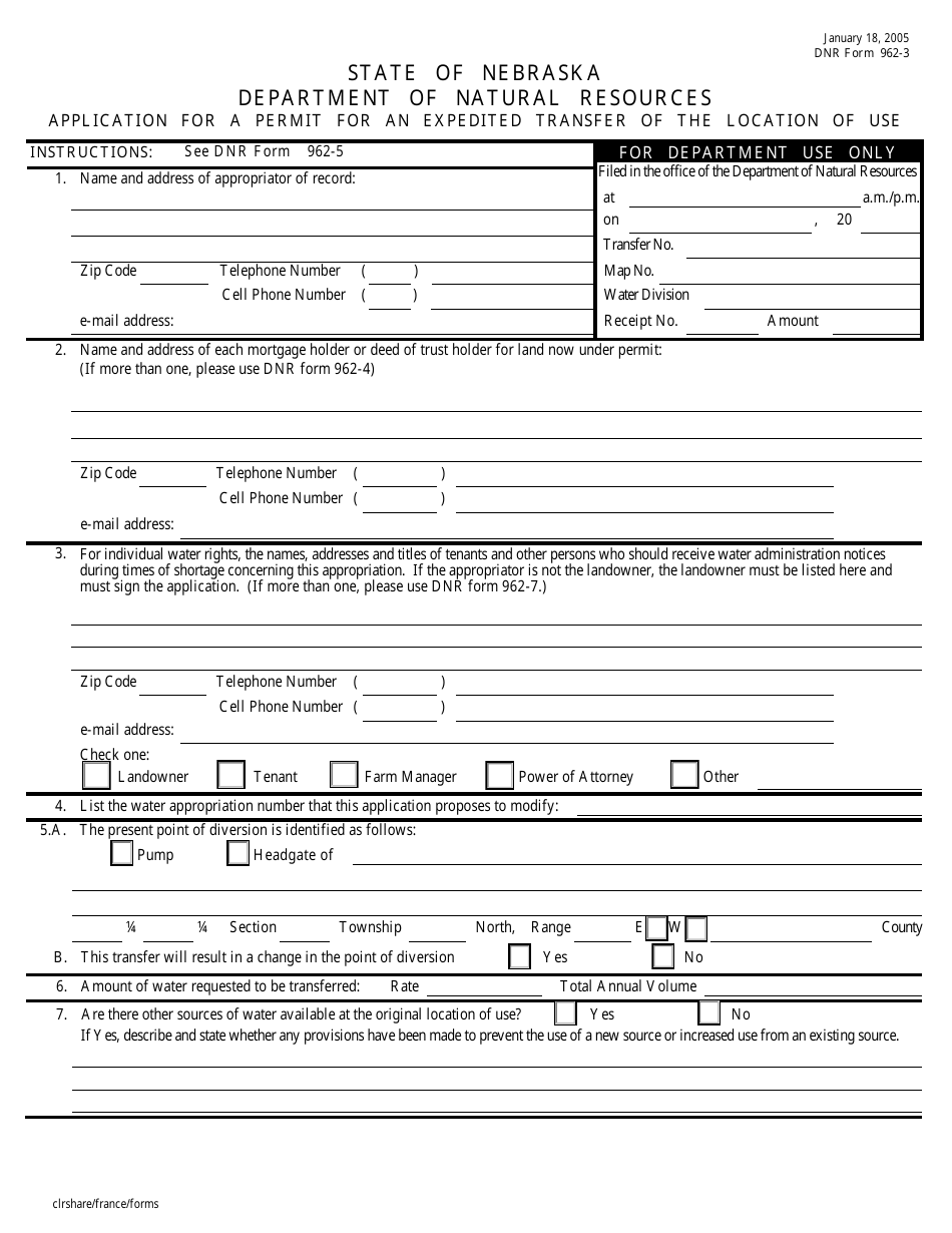 DNR Form 962-3 Application for a Permit for an Expedited Transfer of the Location of Use - Nebraska, Page 1
