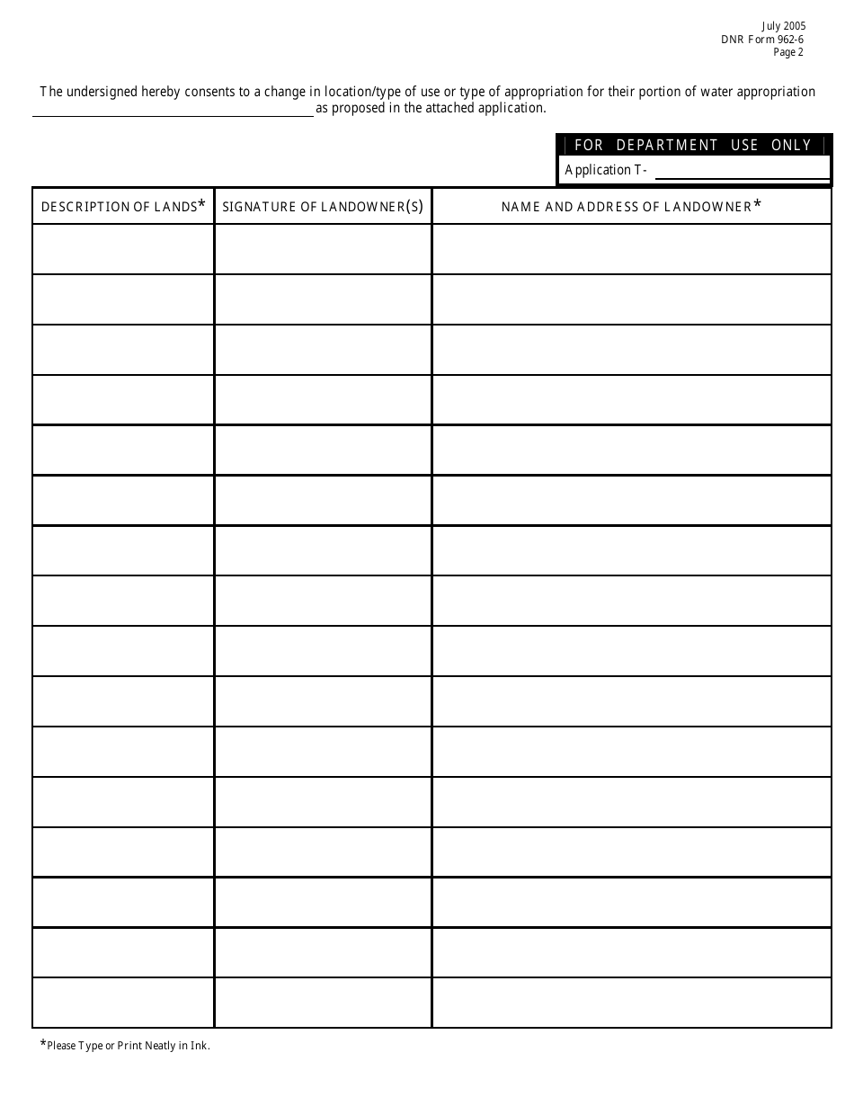 DNR Form 962-6 Addendum to Application for a Transfer or Change of Appropriation Landowners Signatures - Nebraska, Page 2