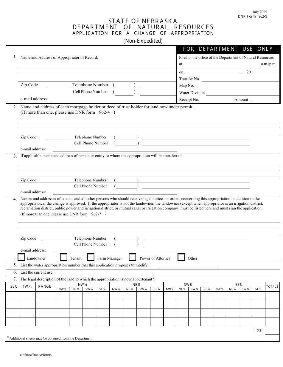 DNR Form 962-9 Application for a Change of Appropriation (Non-expedited) - Nebraska, Page 1