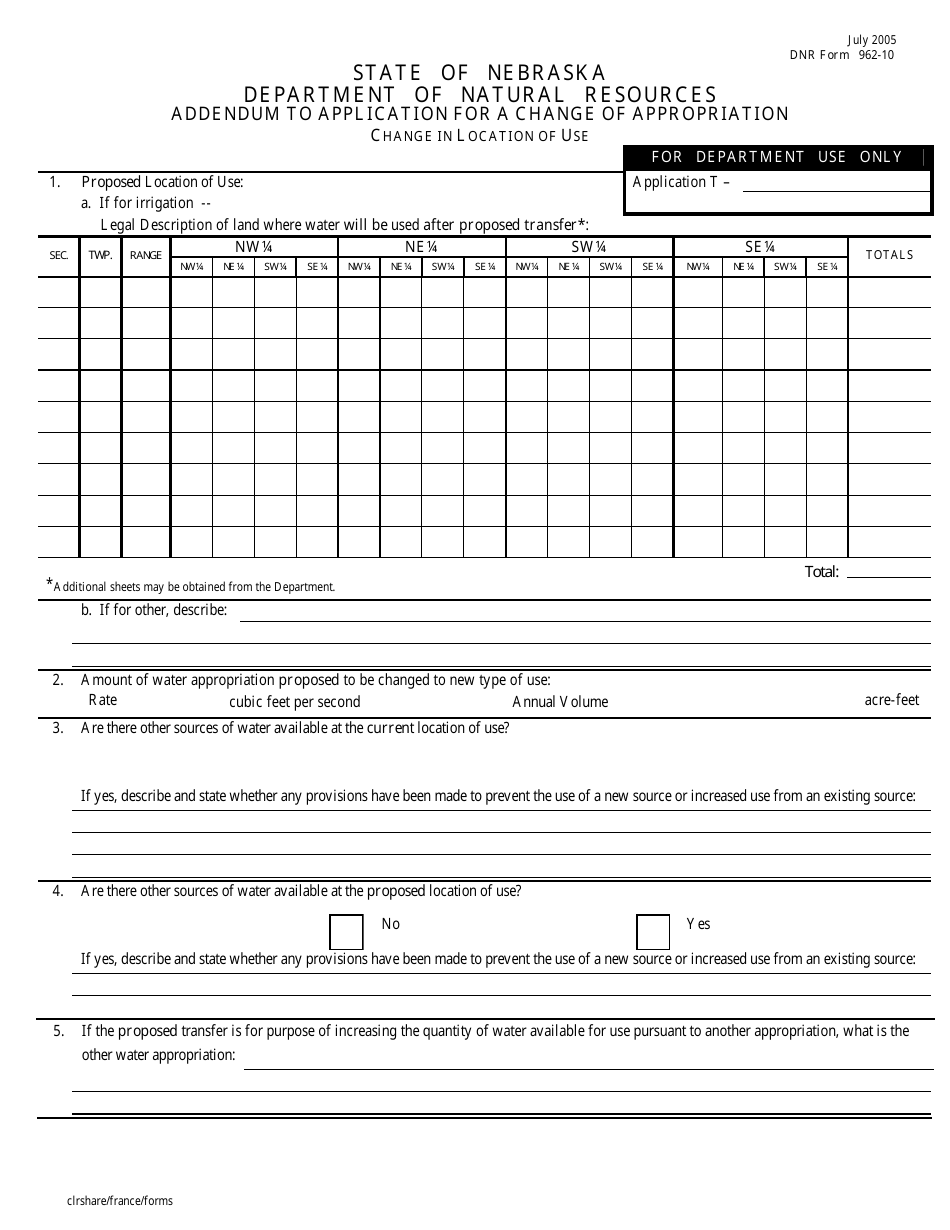 DNR Form 962-10 Addendum to Application for a Change of Appropriation - Change in Location of Use - Nebraska, Page 1
