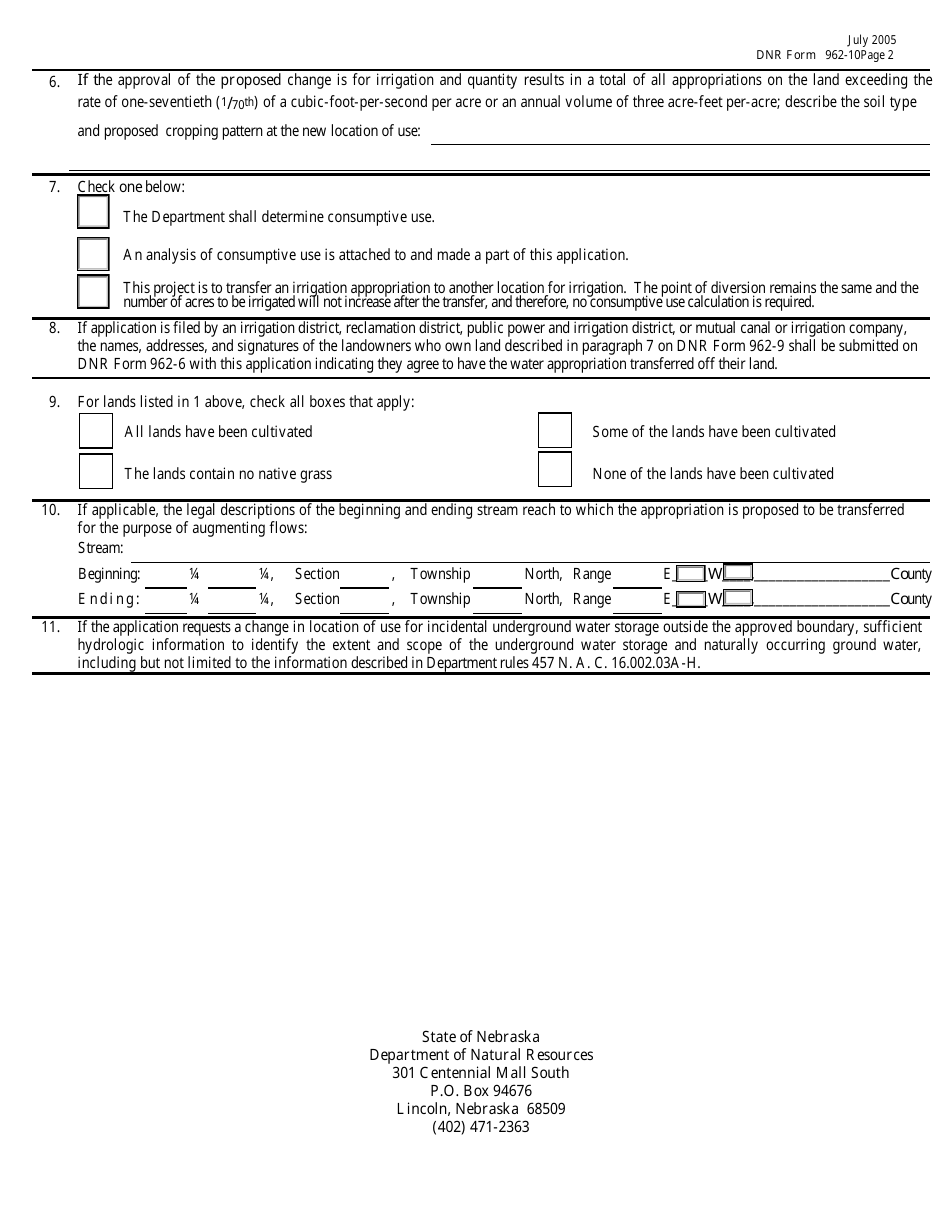 DNR Form 962-10 Addendum to Application for a Change of Appropriation - Change in Location of Use - Nebraska, Page 2