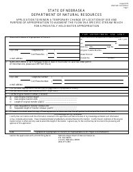 Document preview: NeDNR SW Form 100-E Application to Renew a Temporary Change of Location of Use and Purpose of Appropriation to Augment the Flow in a Specific Stream Reach for a Privately Held Water Appropriation - Nebraska