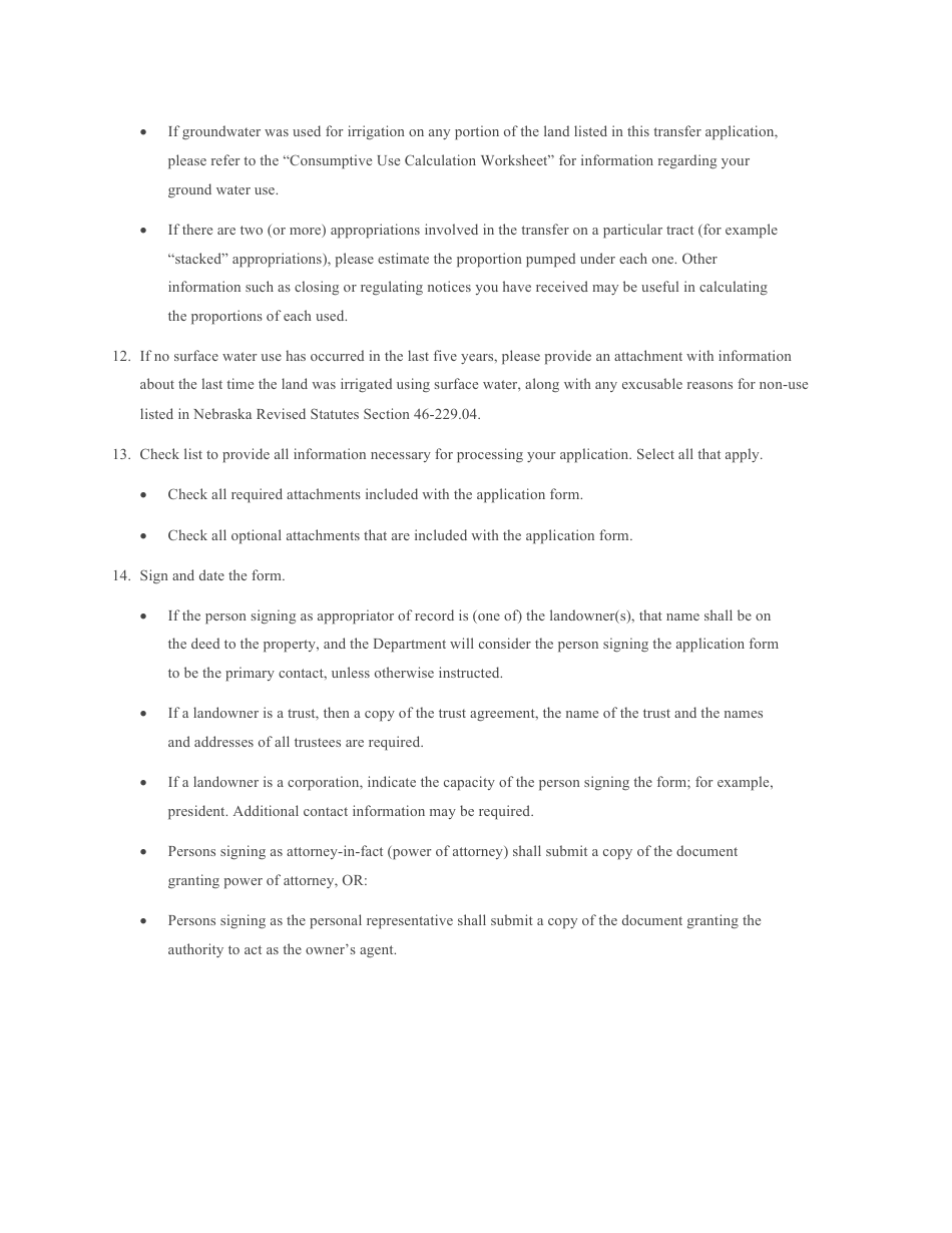 Instructions for DNR Form SW-100 Private Transfer to Augmentation - Nebraska, Page 4