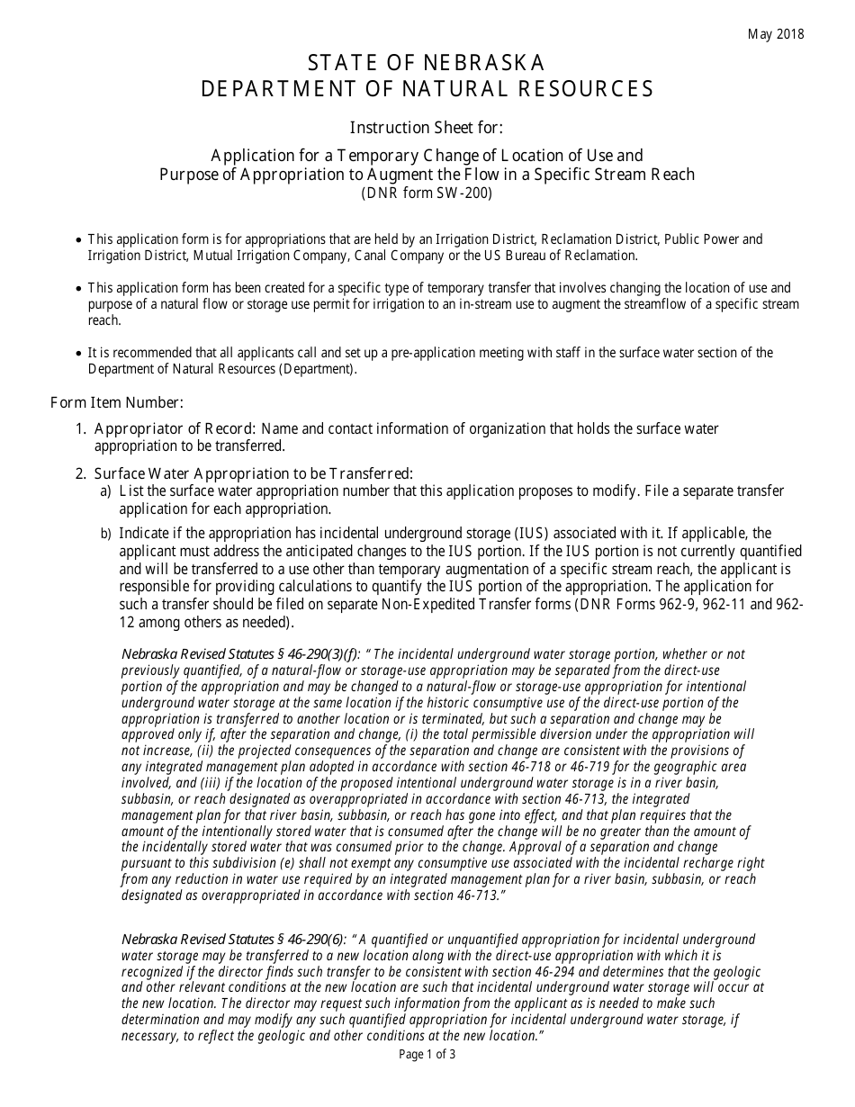 Instructions for DNR Form SW-200 Application for a Temporary Change of Location of Use and Purpose of Appropriation to Augment the Flow in a Specific Stream Reach - Nebraska, Page 1