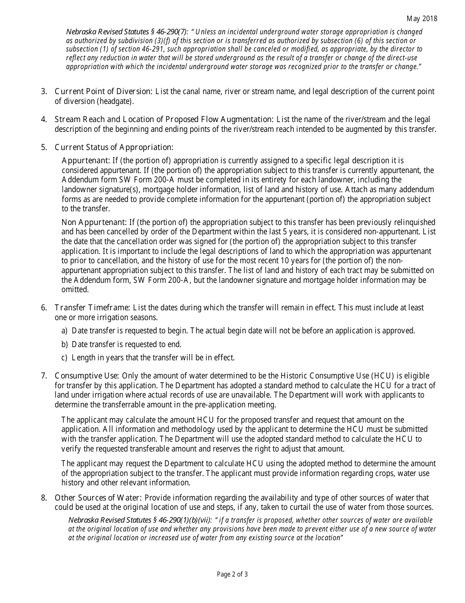 Instructions for DNR Form SW-200 Application for a Temporary Change of Location of Use and Purpose of Appropriation to Augment the Flow in a Specific Stream Reach - Nebraska, Page 2