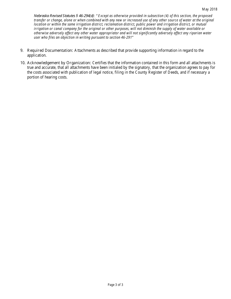 Instructions for DNR Form SW-200 Application for a Temporary Change of Location of Use and Purpose of Appropriation to Augment the Flow in a Specific Stream Reach - Nebraska, Page 3
