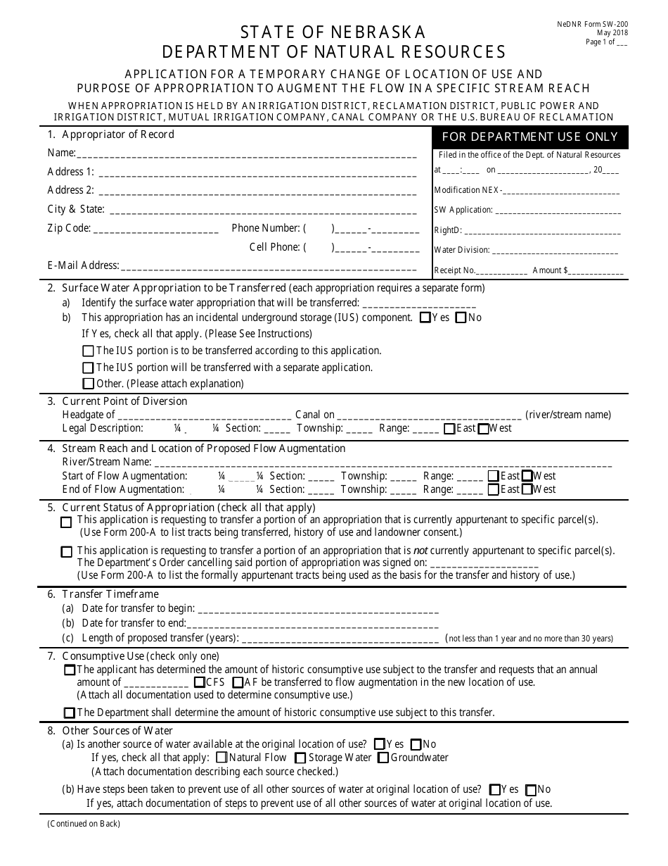 DNR Form SW-200 Application for a Temporary Change of Location of Use and Purpose of Appropriation to Augment the Flow in a Specific Stream Reach - Nebraska, Page 1