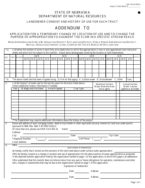 DNR Form 200-A Addendum to Application for a Temporary Change of Location of Use and to Change the Purpose of Appropriation to Augment the Flow in a Specific Stream Reach - Nebraska