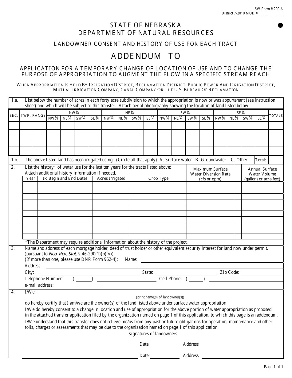 DNR Form 200-A Addendum to Application for a Temporary Change of Location of Use and to Change the Purpose of Appropriation to Augment the Flow in a Specific Stream Reach - Nebraska, Page 1