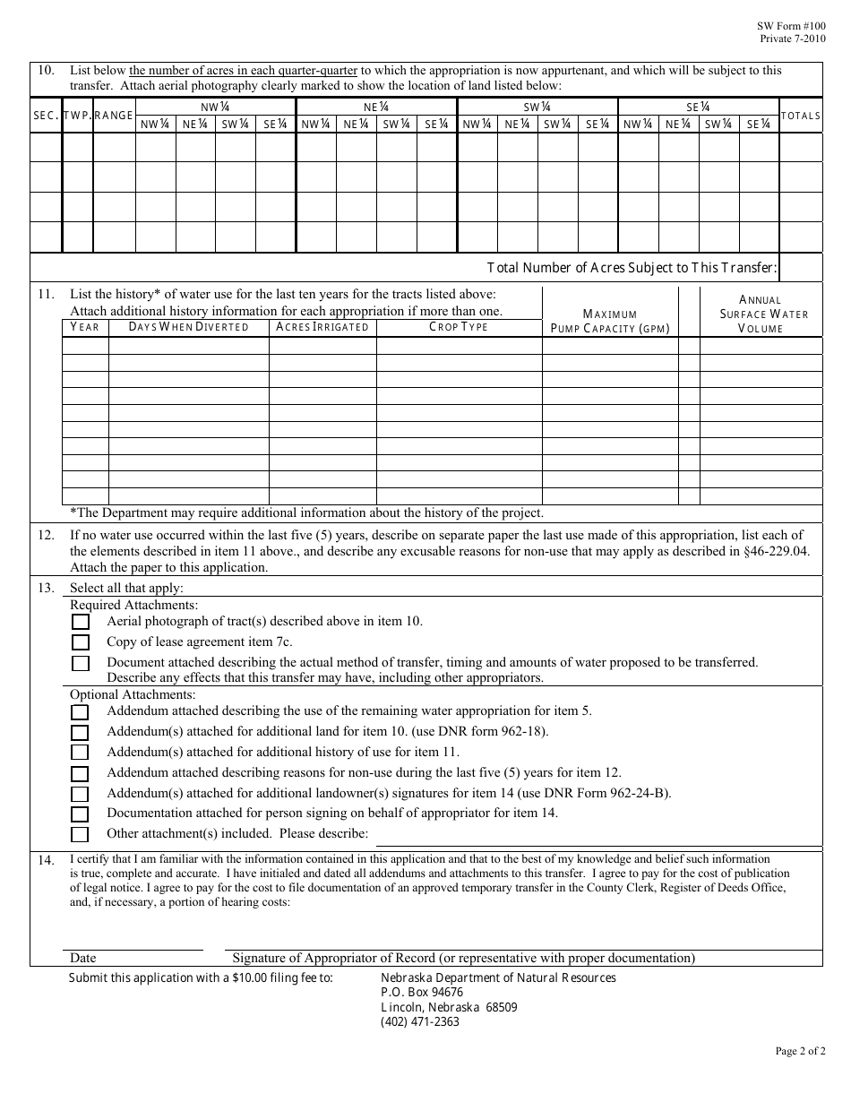 NeDNR SW Form 100 Application for a Temporary Change of Location of Use and to Change the Purpose of Appropriation to Augment the Flow in a Specific Stream Reach for a Privately Held Water Appropriation - Nebraska, Page 2