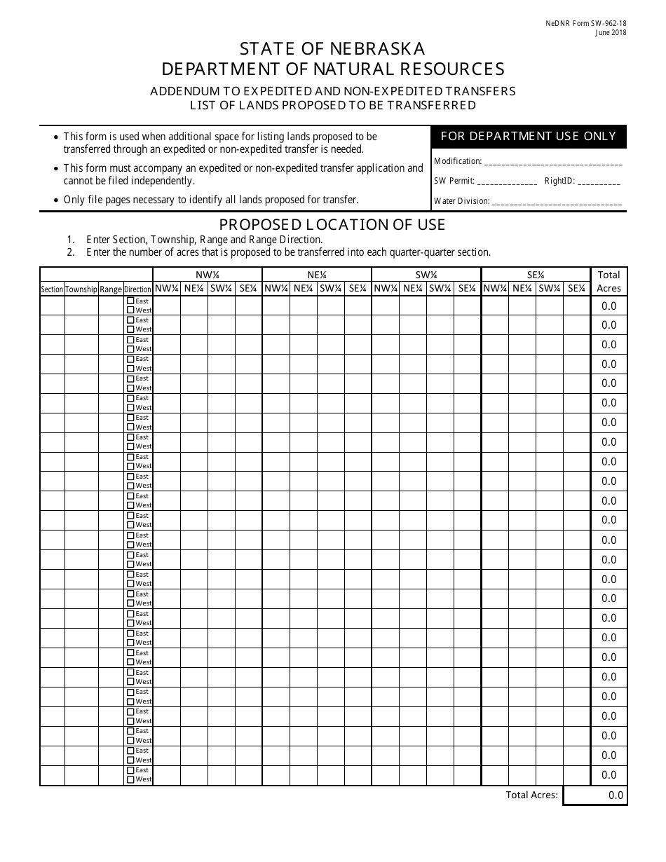 DNR Form SW-962-18 Addendum to Expedited and Non-expedited Transfers List of Lands Proposed to Be Transferred - Nebraska, Page 2