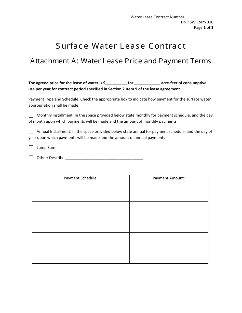 NeDNR SW Form 310 Surface Water Lease Contract - Attachment a: Water Lease Price and Payment Terms - Nebraska, Page 1