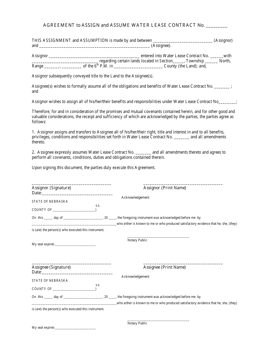 Nebraska Agreement to Assign and Assume Water Lease Contract Fill Out