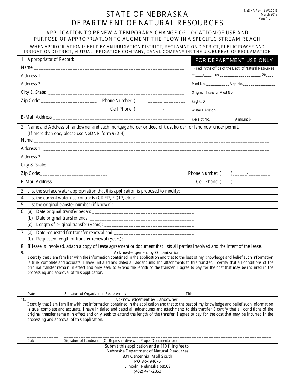DNR Form SW200-E Application to Renew a Temporary Change of Location of Use and Purpose of Appropriation to Augment the Flow in a Specific Stream Reach - Nebraska, Page 1