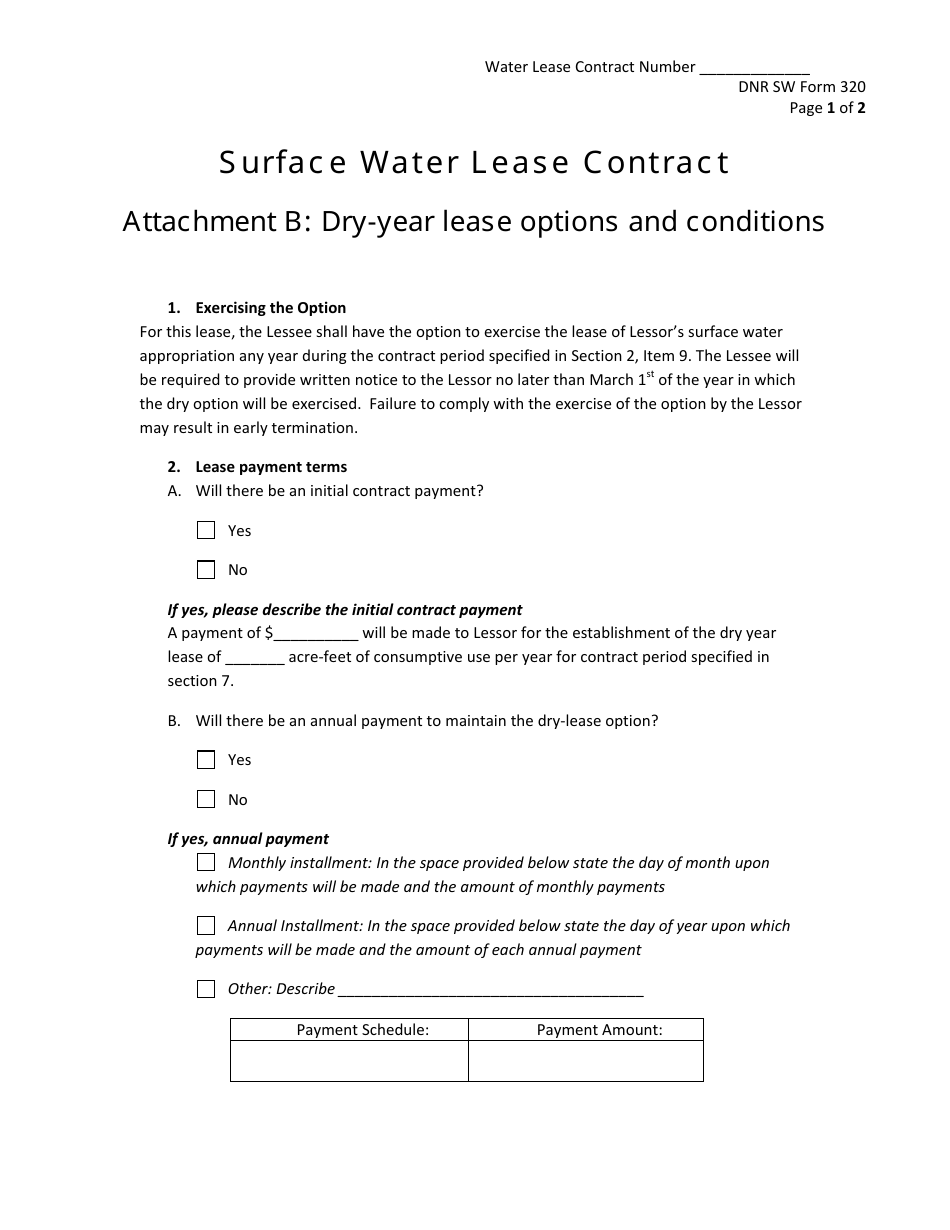 DNR Form 320 Surface Water Lease Contract - Attachment B: Dry-Year Lease Options and Conditions - Nebraska, Page 1