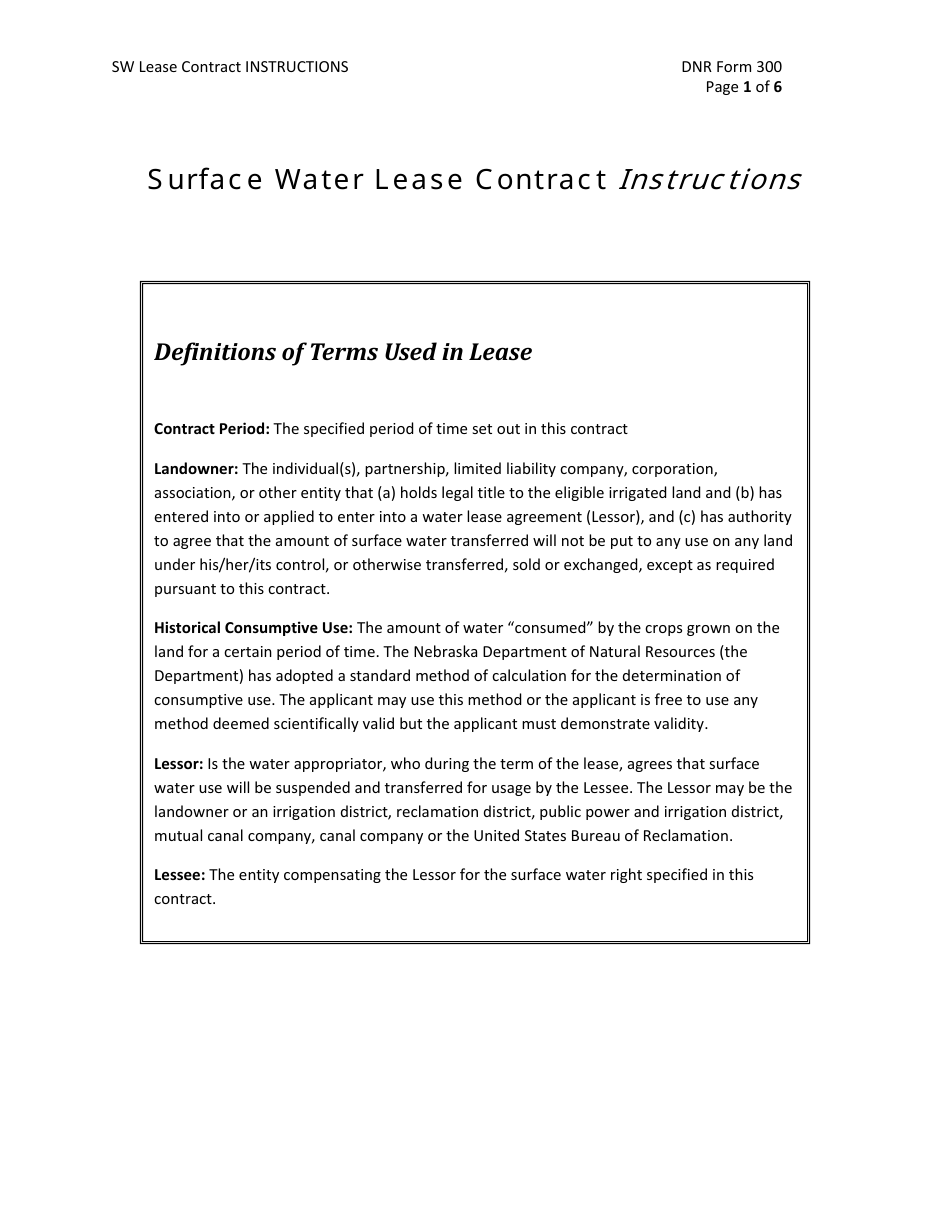 Instructions for DNR Form 300 Surface Water Lease Contract - Nebraska, Page 1