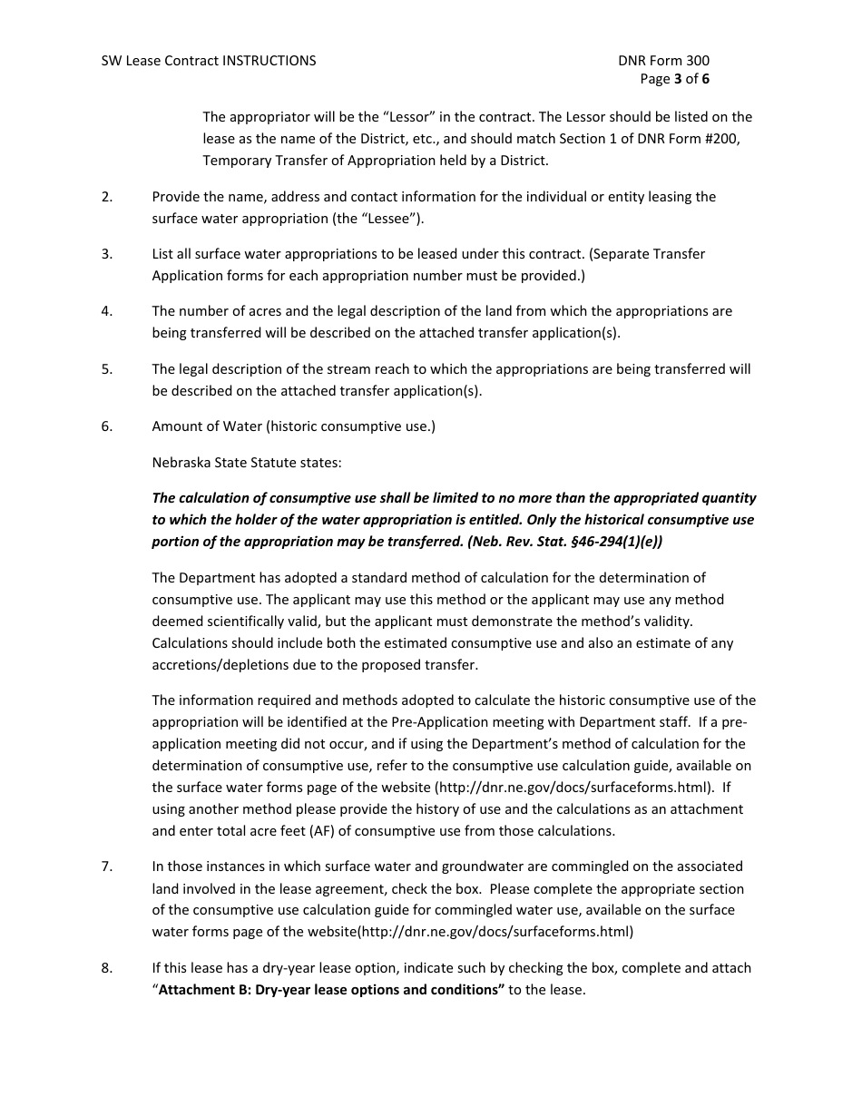 Instructions for DNR Form 300 Surface Water Lease Contract - Nebraska, Page 3