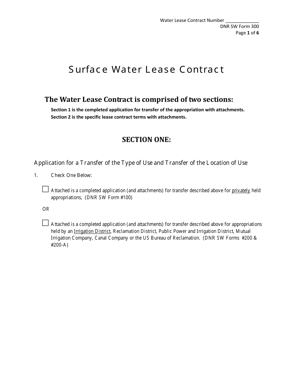 NeDNR SW Form 300 Surface Water Lease Contract - Nebraska, Page 1
